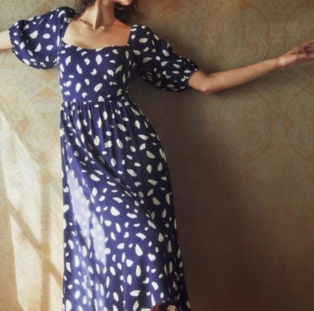 Reformation Zippy Dress Splatter Navy Ivory Midi Puff Sleeve Size 2 EUC